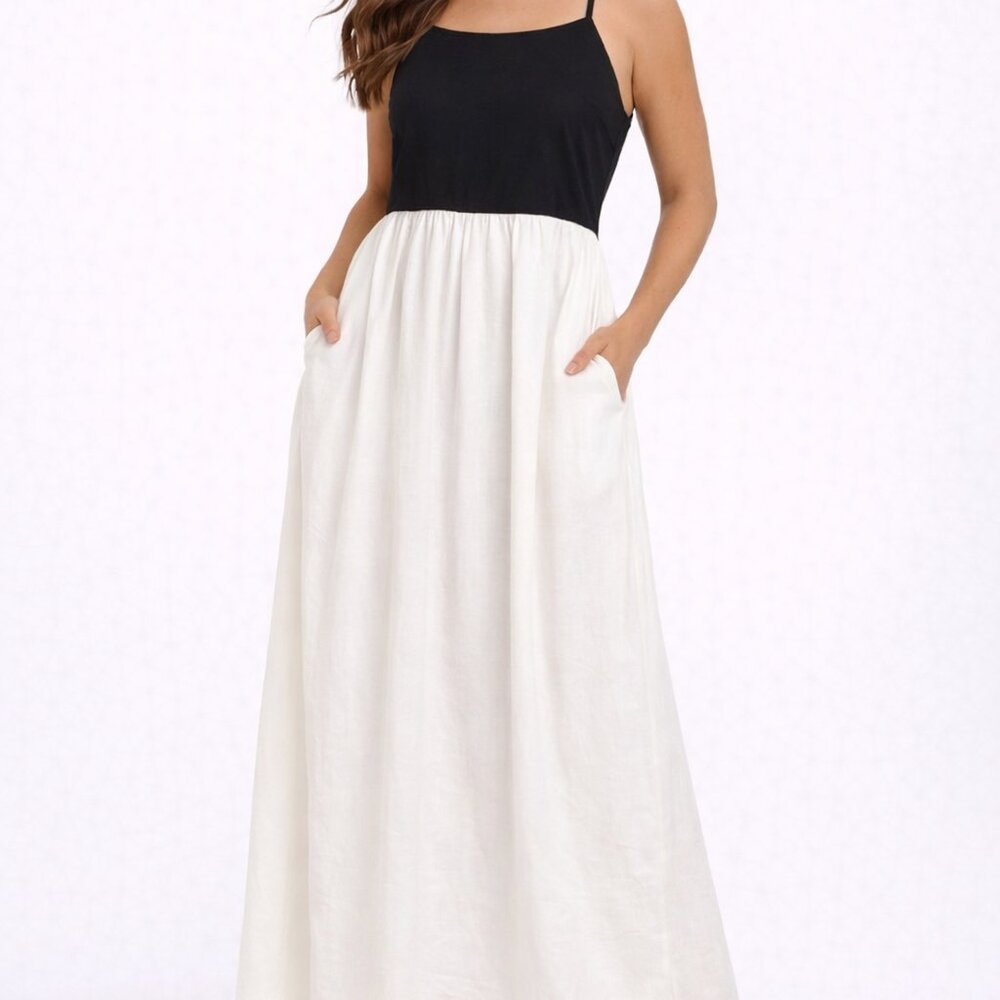 Ann Taylor Black & White Linen Maxi Dress Pockets Colorblock- Medium